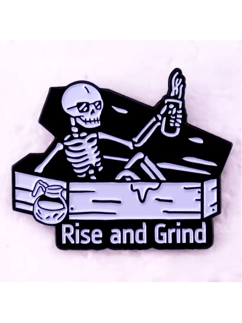 Funny ‘Rise and Grind’ Skeleton Coffee Enamel Pin